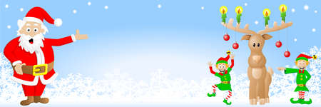 vector illustration of a christmas banner with Santa Claus, elves and reindeerのイラスト素材