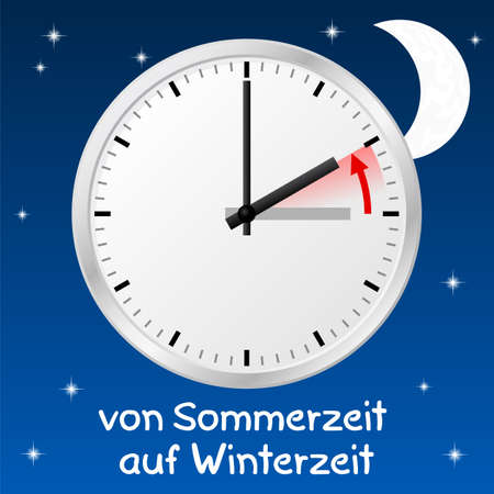 vector illustration of a clock return to standard timegerman: von Sommerzeit auf Winterzeit = daylight saving time endsのイラスト素材