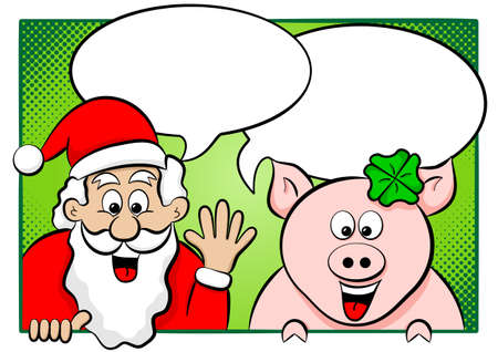 vector illustration of santa claus and lucky pig with speech bubblesのイラスト素材