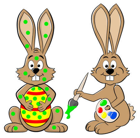 vector illustration of an easter bunny painting another bunnyのイラスト素材
