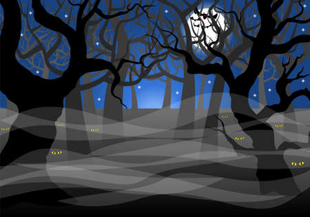 vector illustration of a dark ghostly forest and full moon のイラスト素材