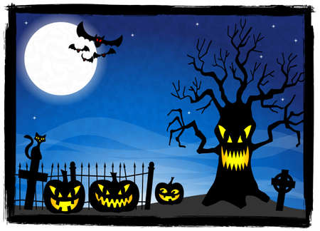 vector illustration of a creepy tree at a cemetery on halloweenのイラスト素材