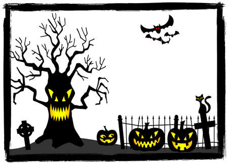 illustration of a creepy tree at a cemetery on halloweenのイラスト素材