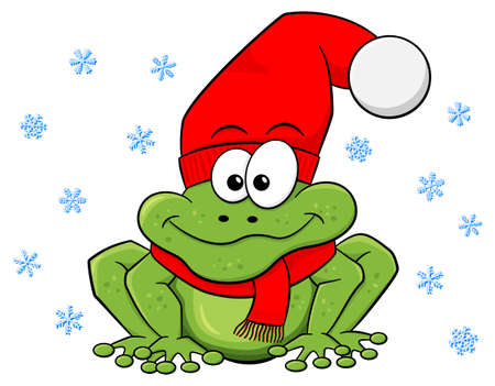vector illustration of a cartoon frog with hat and scarf in winterのイラスト素材