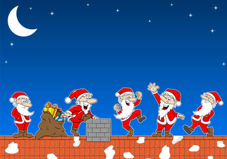 vector illustration of group of  santas at work on a roofのイラスト素材