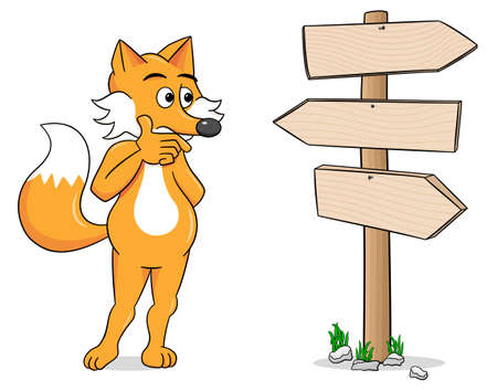vector illustration of a cartoon fox looking at empty signpostのイラスト素材