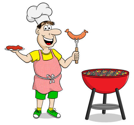 vector illustration of a man with apron grilling steak and sausagesのイラスト素材