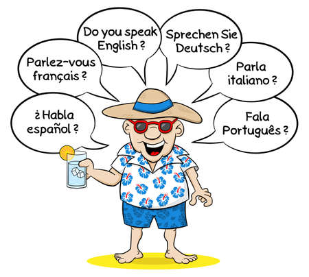 vector illustration of a cartoon tourist who wants to know what languages you speak in different languagesのイラスト素材