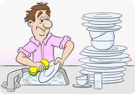 illustration of a man who is washing up dishesのイラスト素材