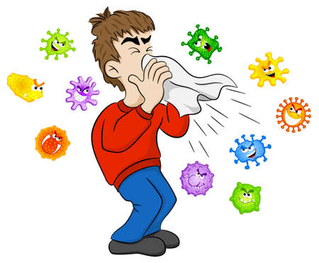 vector illustration of a sneezing man with germsのイラスト素材