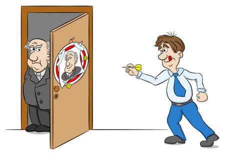 Vector illustration of an employee playing dart on the portrait of his bossのイラスト素材