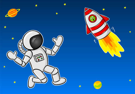 A vector illustration of an astronaut meeting an alien in a space ship.のイラスト素材