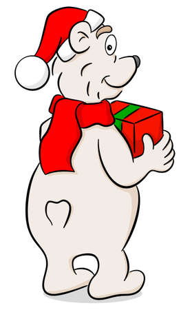 vector illustration of a cartoon christmas polar bear with giftのイラスト素材