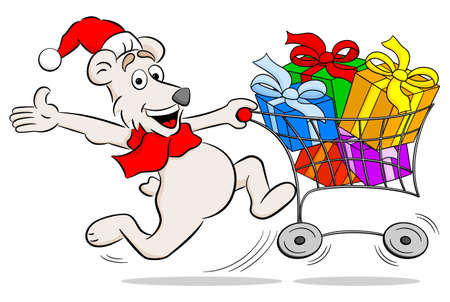 vector illustration of a cartoon christmas polar bear at shoppingのイラスト素材
