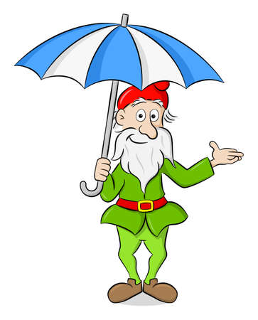 vector illustration of a cartoon garden gnome standing under an open umbrellaのイラスト素材