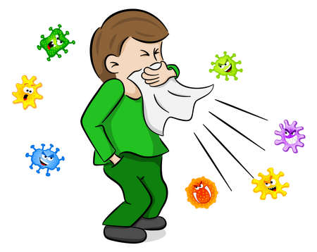 vector illustration of a sneezing man with germsのイラスト素材