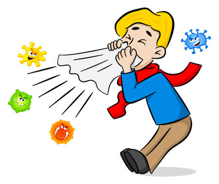 vector illustration of a sneezing man with germsのイラスト素材