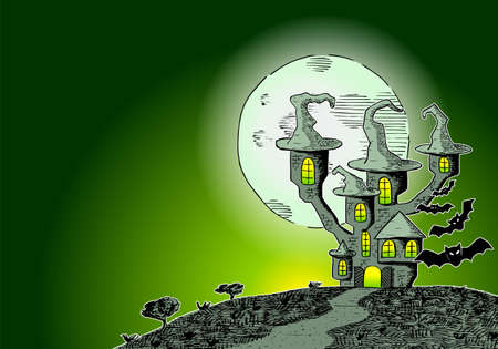 vector illustration of a haunted castle in a full moon nightのイラスト素材