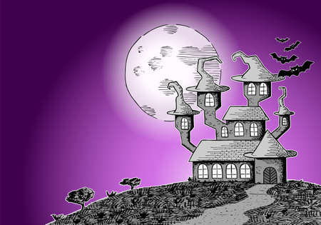 vector illustration of a haunted castle in a full moon nightのイラスト素材