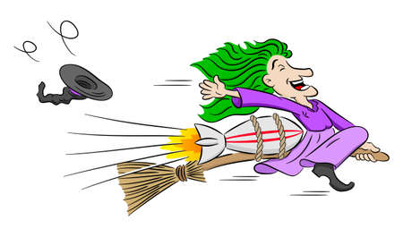 vector illustration of a witch flying on a rocket powered broomのイラスト素材