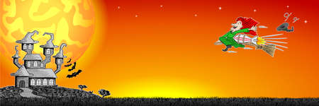 vector illustration of a halloween banner with a witch flying on a rocket powered broomのイラスト素材