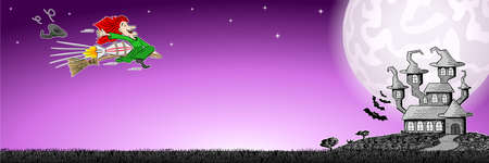 vector illustration of a halloween banner with a witch flying on a rocket powered broomのイラスト素材