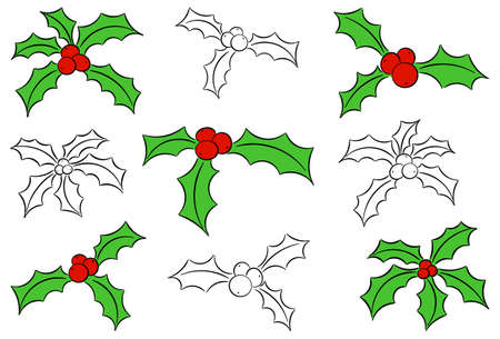 vector illustration of a set of christmas holly leaves isolated on whiteのイラスト素材