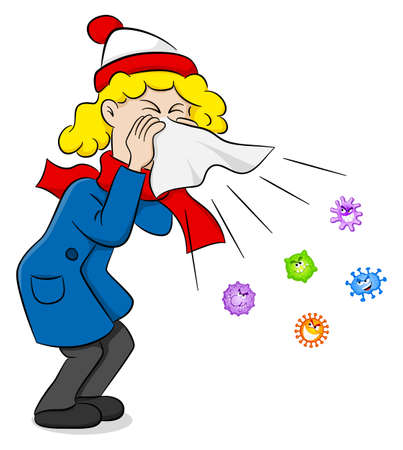 vector illustration of a sneezing woman with germsのイラスト素材