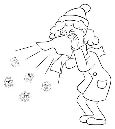 vector illustration of a sneezing woman with germsのイラスト素材
