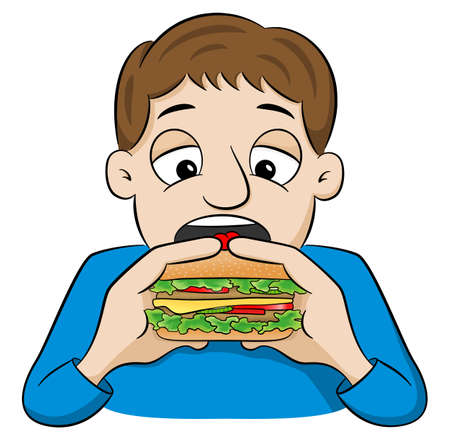 vector illustration of a cartoon man eating a hamburgerのイラスト素材