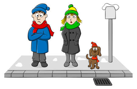vector illustration of a group of people waiting and shivering at a stop in winterのイラスト素材