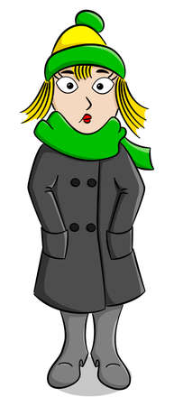 vector illustration of a woman with a thick coat, a scarf and a cap that freezesのイラスト素材