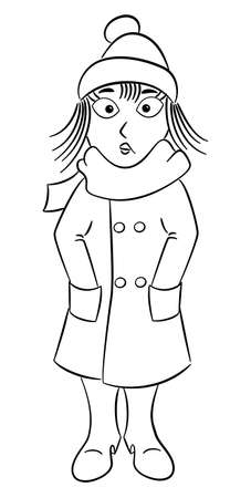 vector illustration of a woman with a thick coat, a scarf and a cap that freezesのイラスト素材