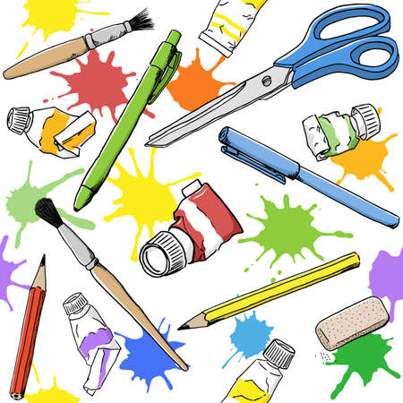 vector illustration of a seamless hand drawn paint tube, pencil, brush patternのイラスト素材