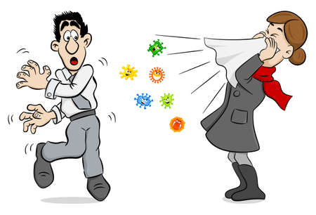vector illustration of a sneezing woman with germsのイラスト素材