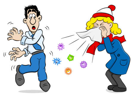 vector illustration of a sneezing woman with germsのイラスト素材