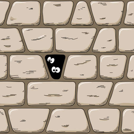 vector illustration of a seemless hand-drawn cartoon wall with eyes looking out of a holeのイラスト素材