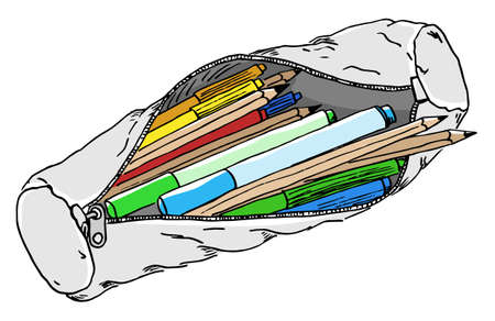 Vector illustration of a hand drawn pencil case with colorful pencilsのイラスト素材