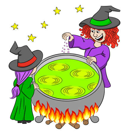 vector illustration of two witches cooking a magic potion in the cauldronのイラスト素材