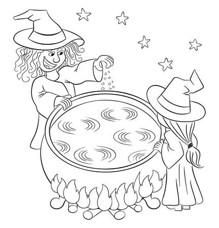 vector illustration of two witches cooking a magic potion in the cauldronのイラスト素材