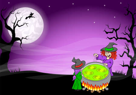 vector illustration of a witch cooking a magic potion in the cauldronのイラスト素材