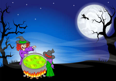 vector illustration of a witch cooking a magic potion in the cauldronのイラスト素材