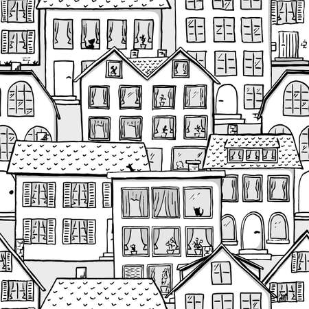 vector illustration of a seamless pattern of scribbled houses in black and whiteのイラスト素材