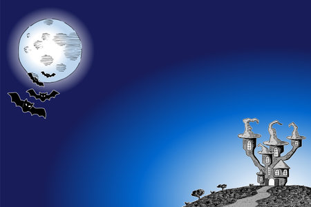 vector illustration of a haunted castle in a full moon nightのイラスト素材