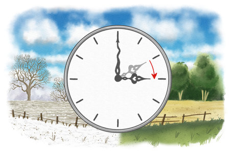 illustration of a clock switch to summer time, time change to daylight saving timeの写真素材