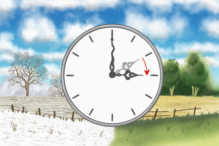 illustration of a clock switch to summer time, time change to daylight saving timeの写真素材