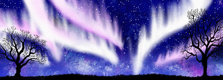Watercolor illustration of night sky with northern lights as bannerの写真素材