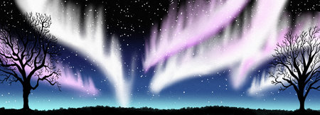 Watercolor illustration of night sky with northern lights as bannerの写真素材