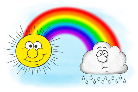 cartoon illustration of the sun and a rain cloud with a rainbow in the skyの写真素材