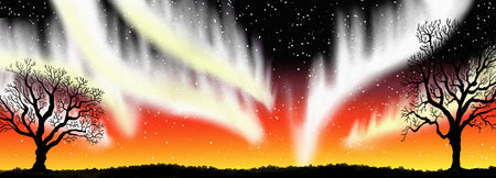 Watercolor illustration of night sky with northern lights as bannerの写真素材